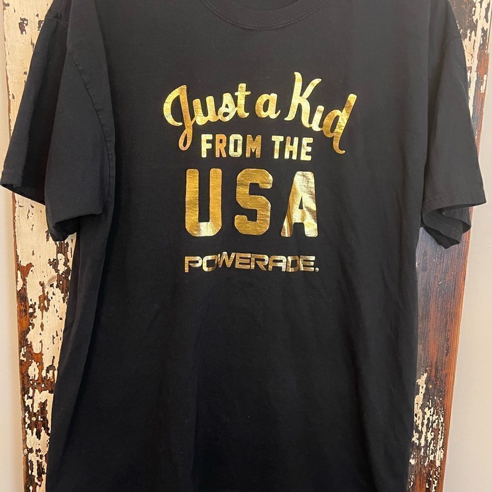 Powerade Men’s Gold Foil Just a Kid from the USA T-shirt. XL.